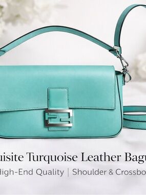 FTurquoise Leather Baguette Shoulder & Crossbody Bag with FF Hardware